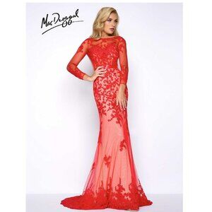 Mac Duggal Long Sleeve Open Back Embroidered Tulle Gown-Size 4